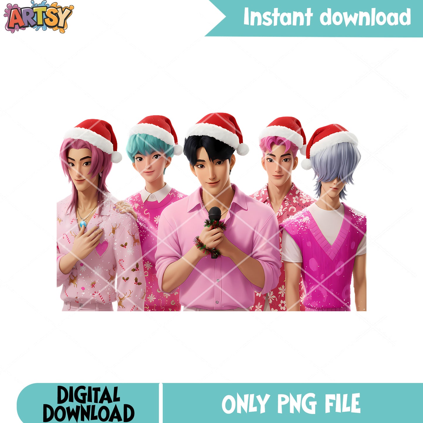 Lovely pink christmas costume png, santa hat png, saja boys png