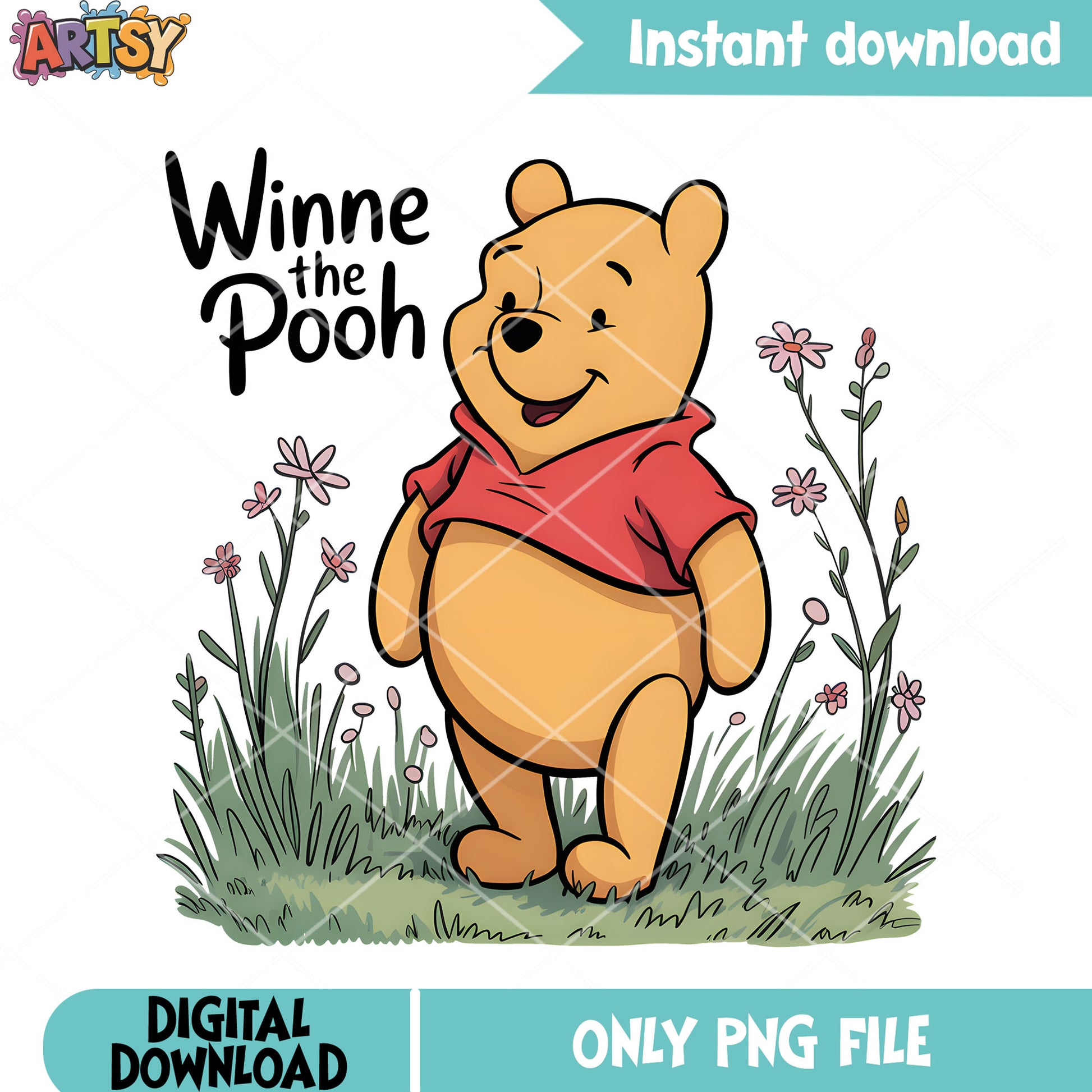 Lovely pooh in flower garden png, disney vibes png, winnie the pooh png