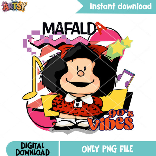 Mafalda 90s vibes png, vintage cartoon png, abstract shapes png