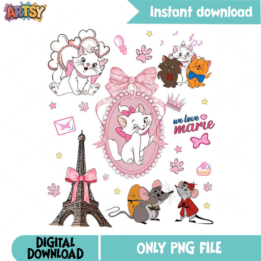 Marie Cat Aristocats PNG Bundle, Disney Coquette PNG, We Love Marie PNG