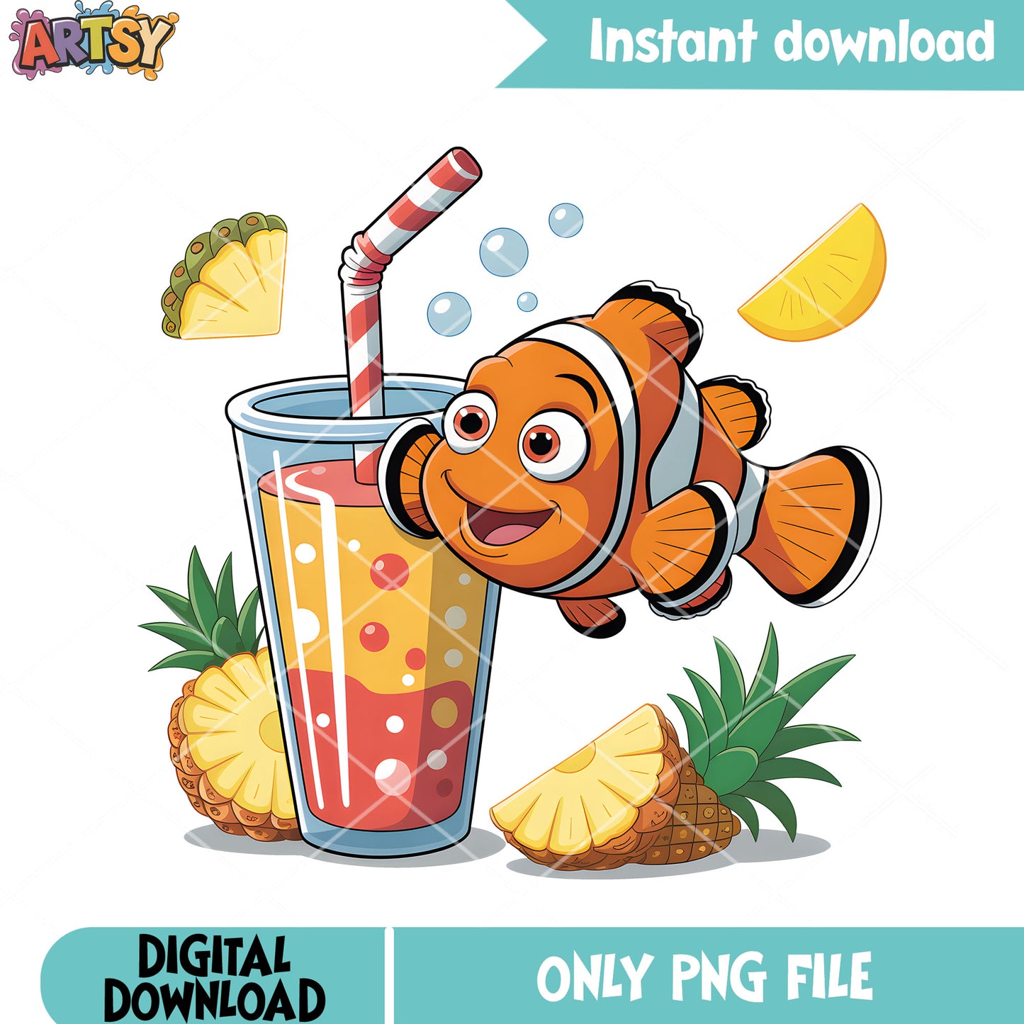 Marlin love Pinapple soda png, disney sticker png, clownfish marlin png