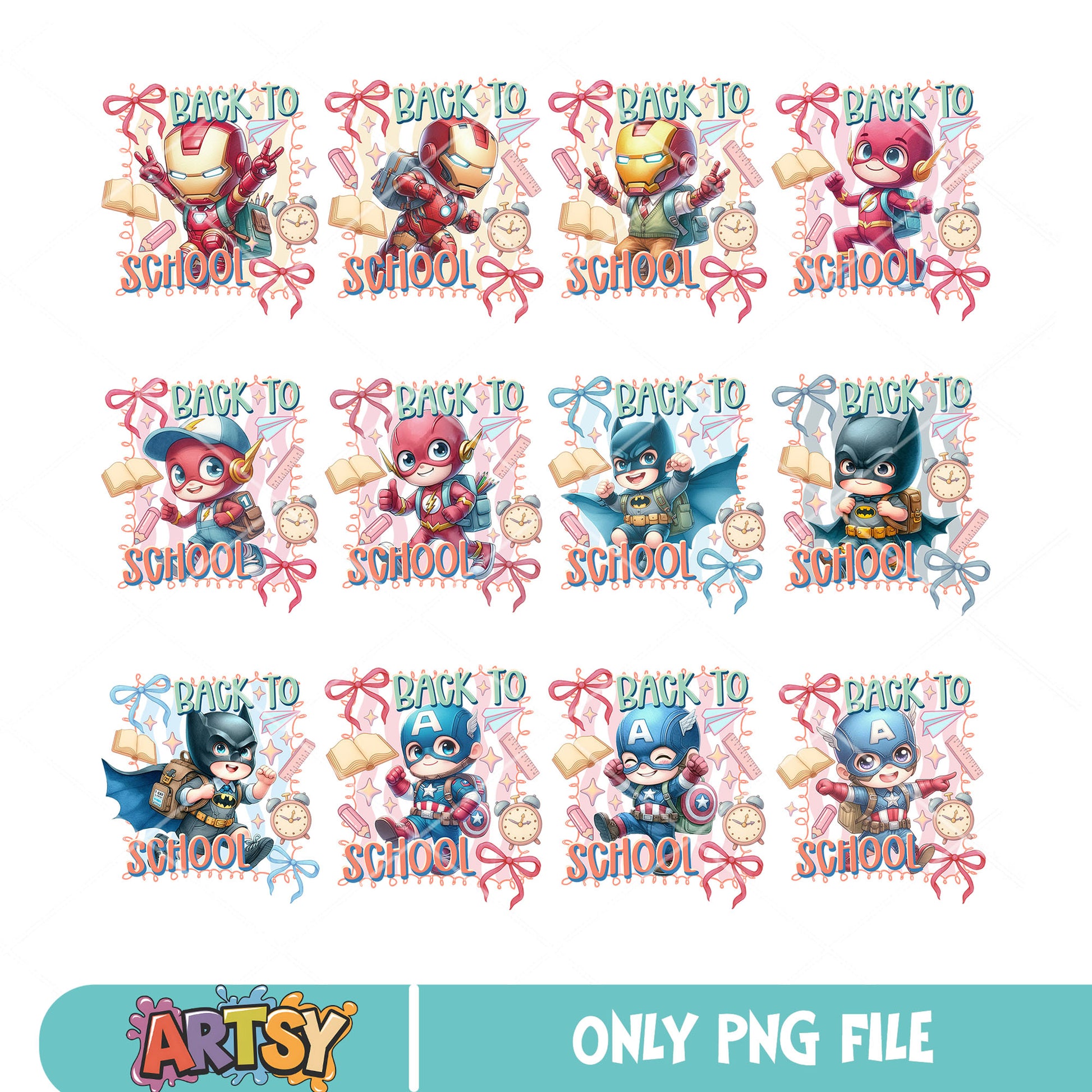 Marvel avengers school png bundle, back to school png, chibi avengers png
