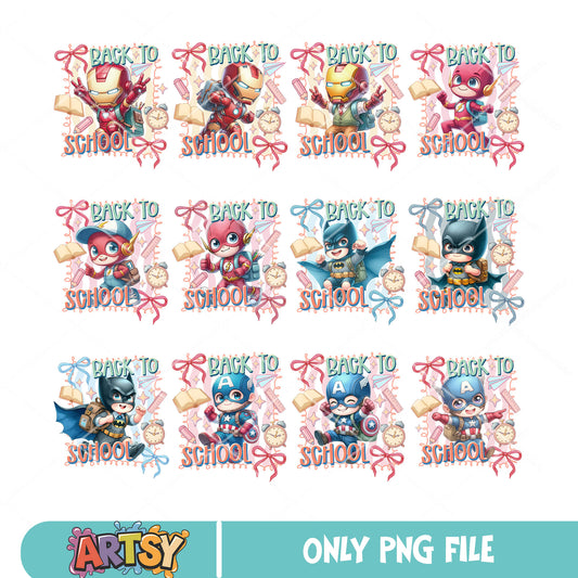 Marvel avengers school png bundle, back to school png, chibi avengers png
