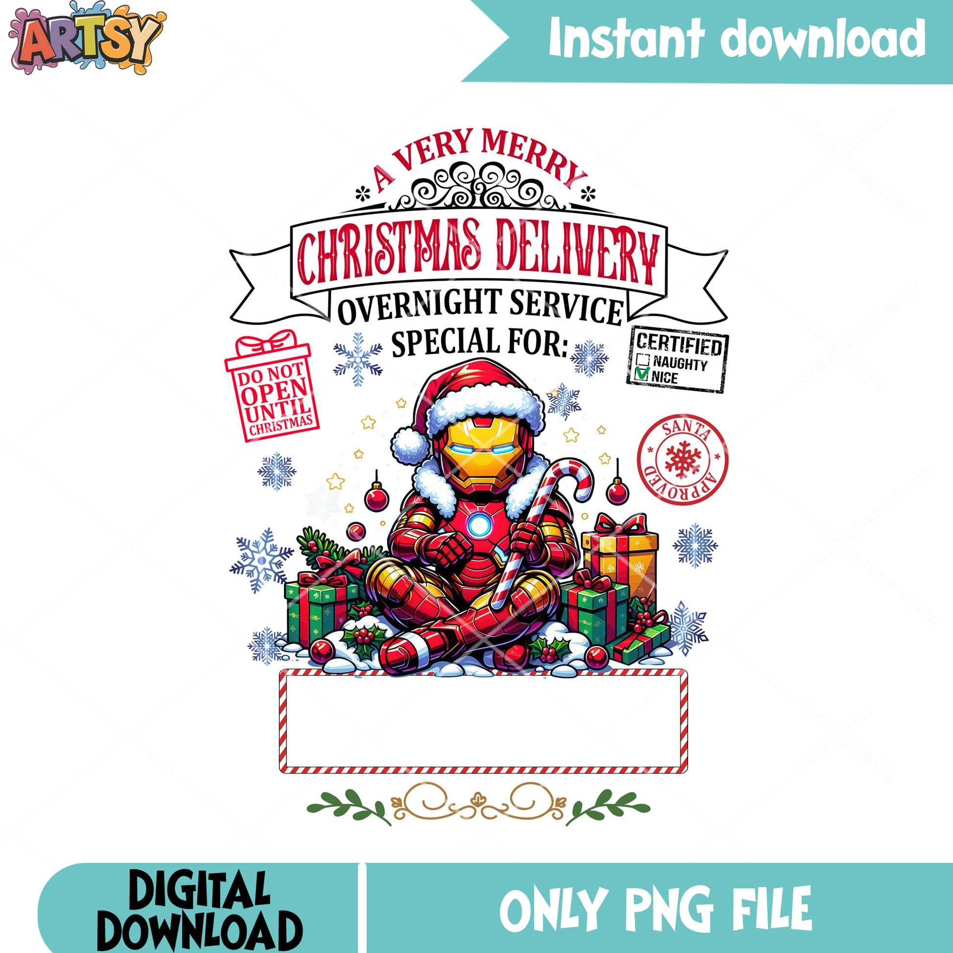 Marvel christmas present png, snow christmas png, iron man png