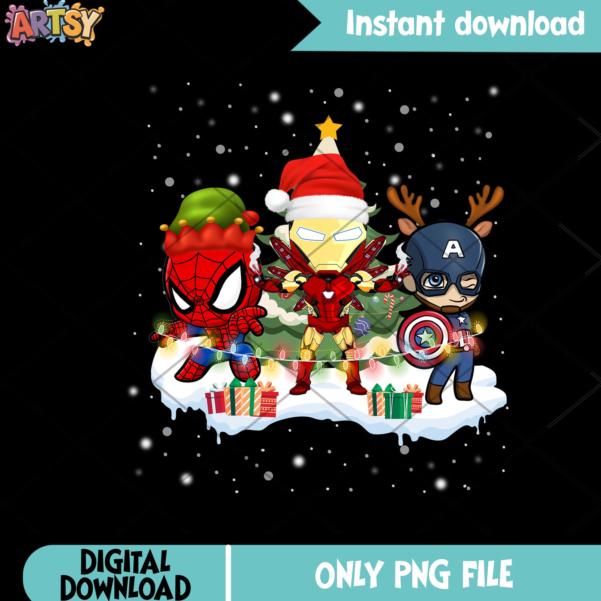 Marvel hero christmas edition png, christmas tree png, iron man png