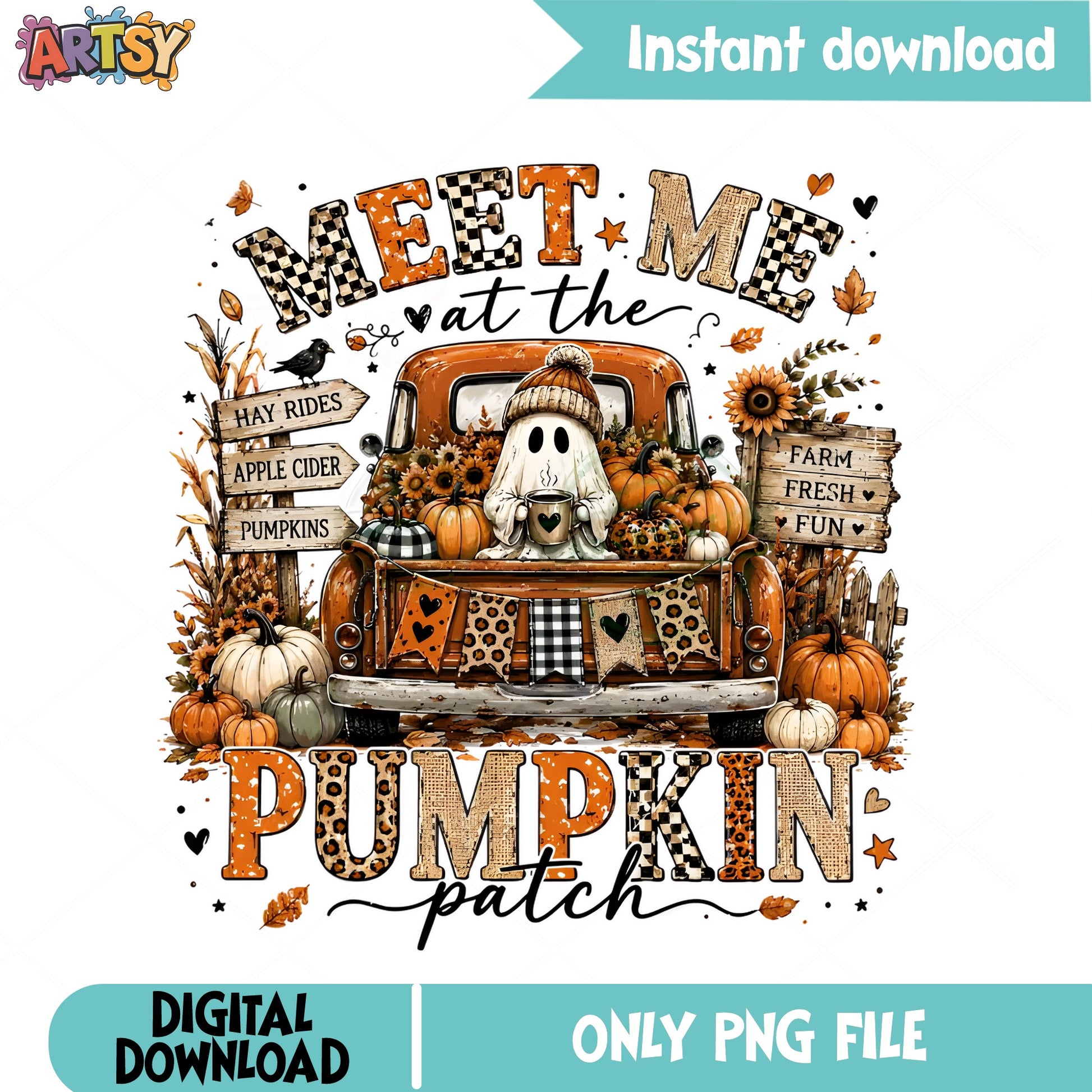 Meet Me At The Pumpkin Patch PNG, Fall Ghost Truck PNG, Halloween PNG