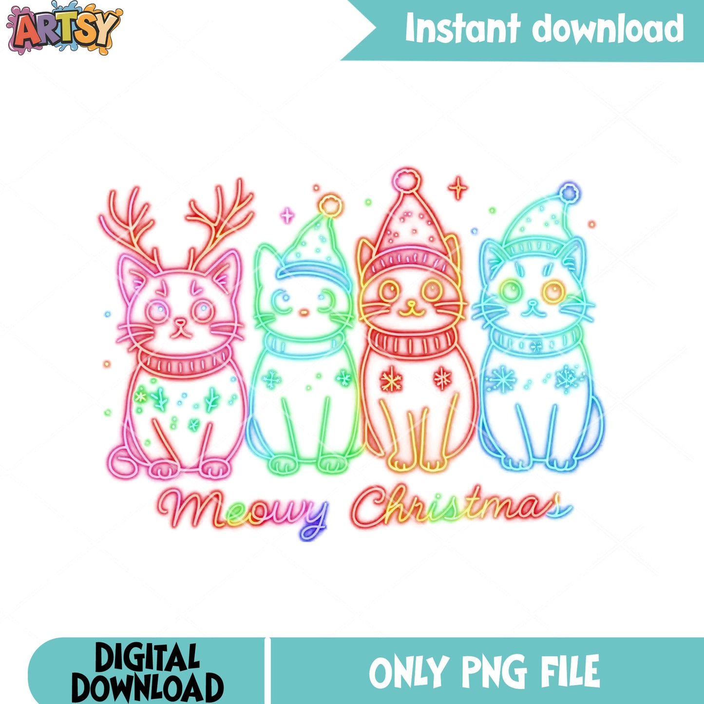 Meowy neon christmas png, christmas vibes png, cute cat png