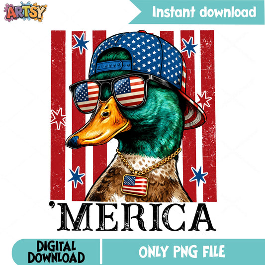 Merica Duck 4th Of July PNG, Patriotic Duck PNG, American Flag PNG