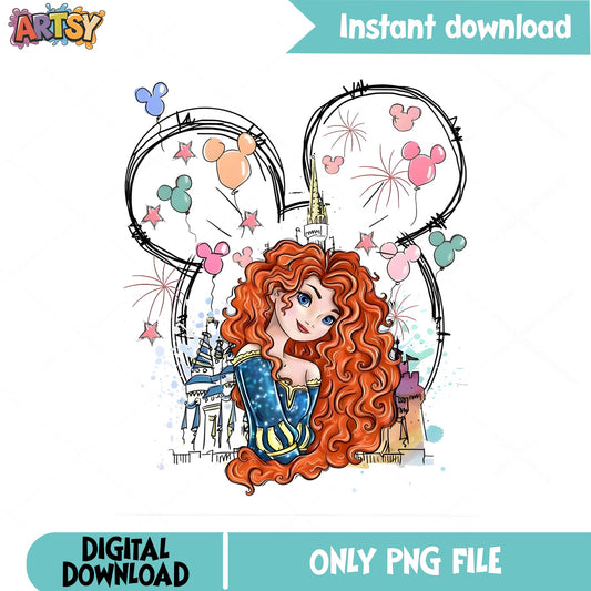 Merida Brave Disney Princess PNG, Mickey Ears Castle PNG, Disney Trip PNG