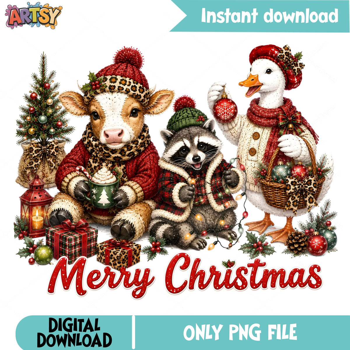 Merry Christmas Animals PNG, Cow Raccoon Duck PNG, Christmas PNG