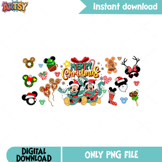 Merry christmas disney png, christmas wreath png, mickey and friends png