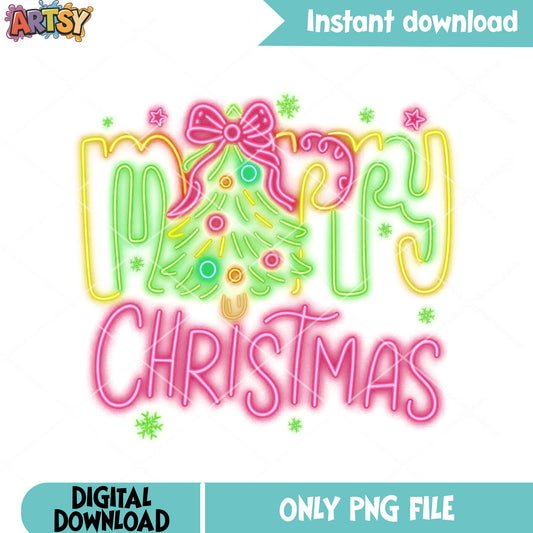 Merry christmas neon gifts png, christmas tree png, merry xmas png