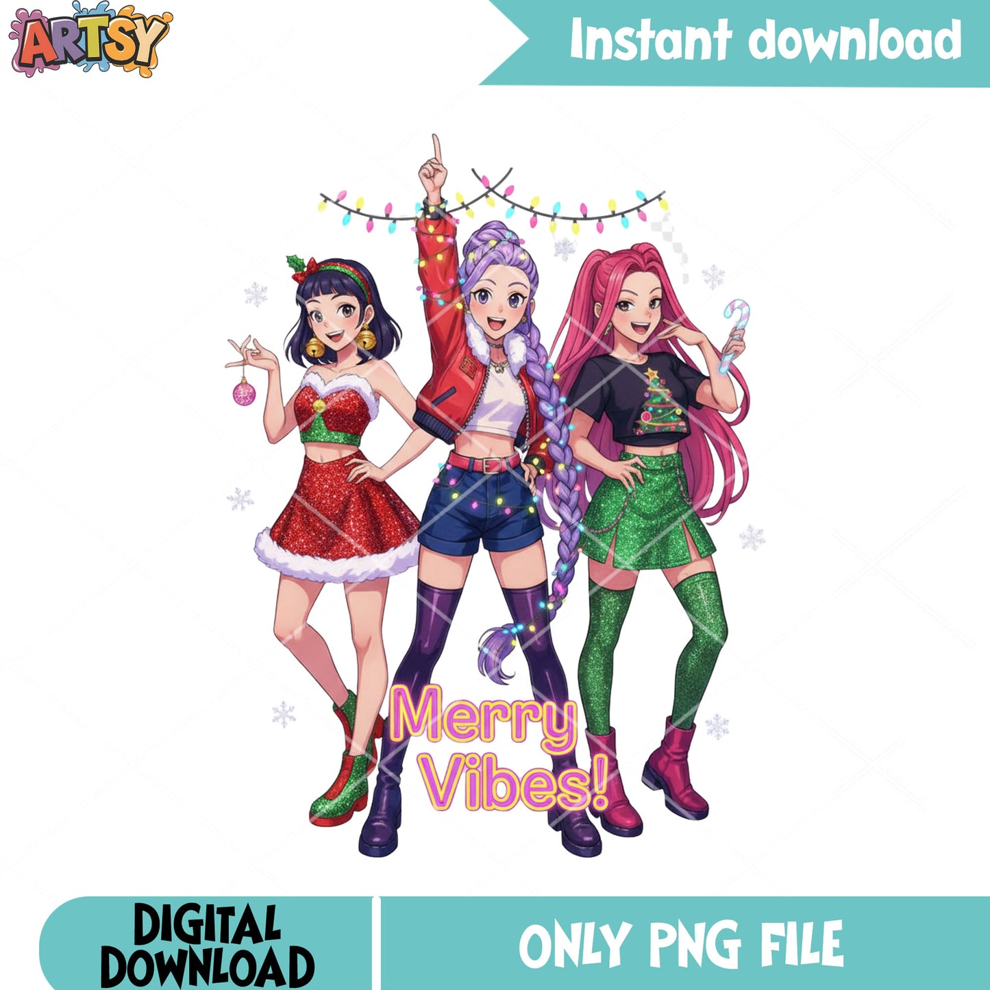 Merry vibes christmas png, huntrix png, string light christmas png