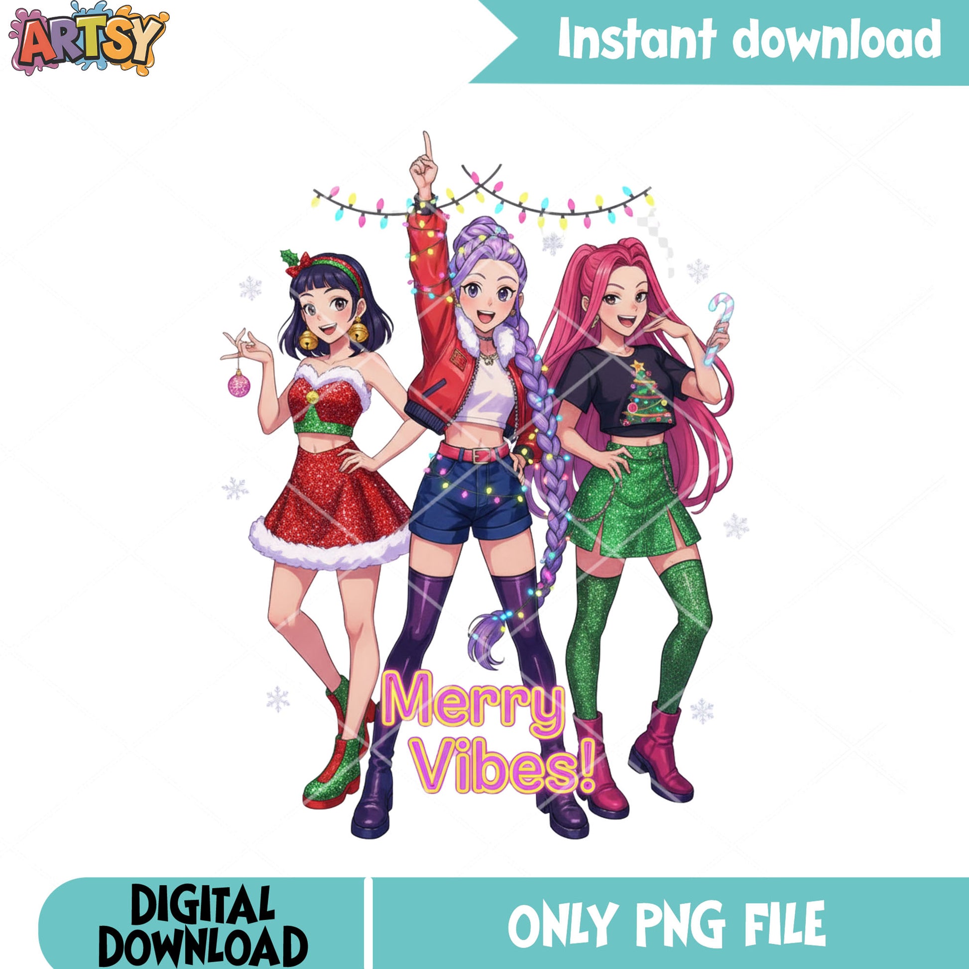 Merry vibes christmas png, huntrix png, string light christmas png