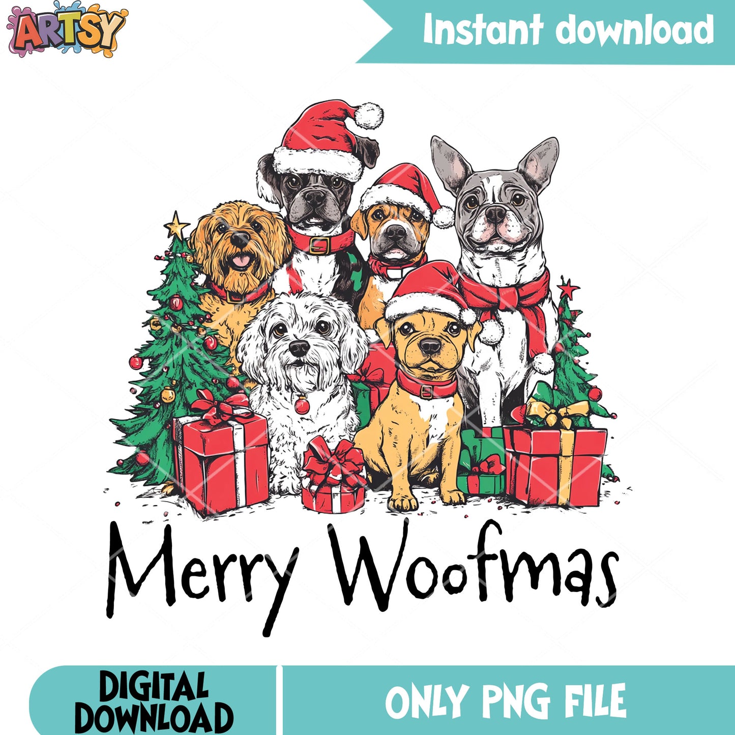Merry woofmas png, merry christmas png, christmas gifts png