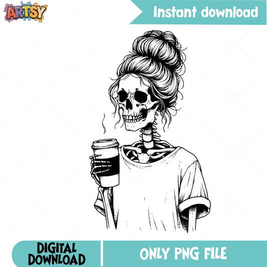 Messy Bun Skeleton Coffee PNG, Skull Girl PNG, Halloween PNG