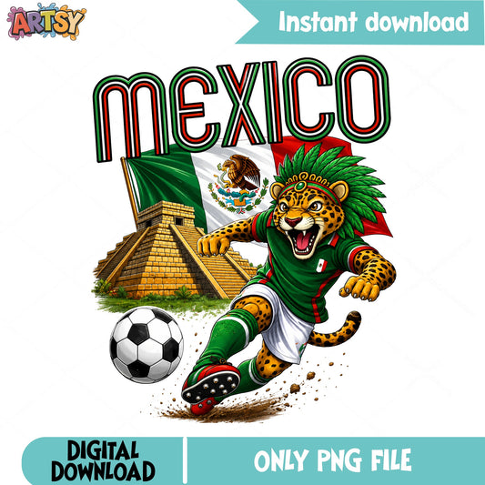 Mexico Soccer Jaguar PNG, Mexican Flag Football Sublimation PNG, Aztec PNG