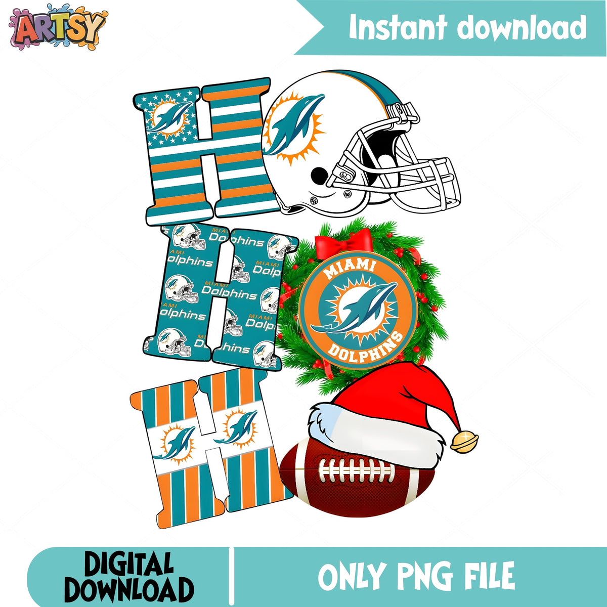 Miami Dolphins Ho Ho Ho Christmas PNG, NFL Football PNG, Christmas PNG