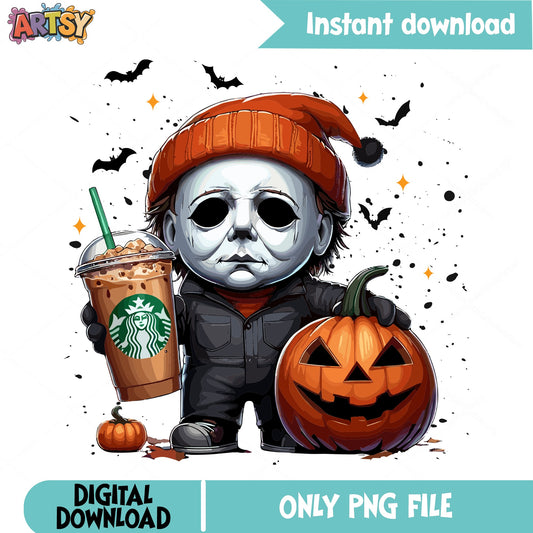 Michael Myers Halloween Coffee PNG, Horror Pumpkin PNG, Spooky Fall PNG