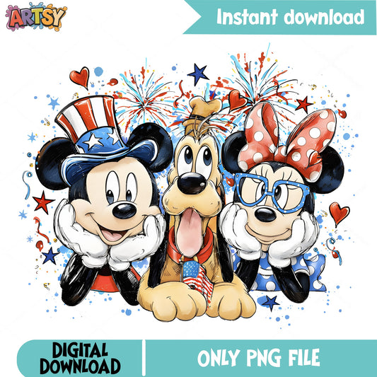 Mickey Minnie Pluto 4th Of July PNG, Disney Friends PNG, Patriotic PNG