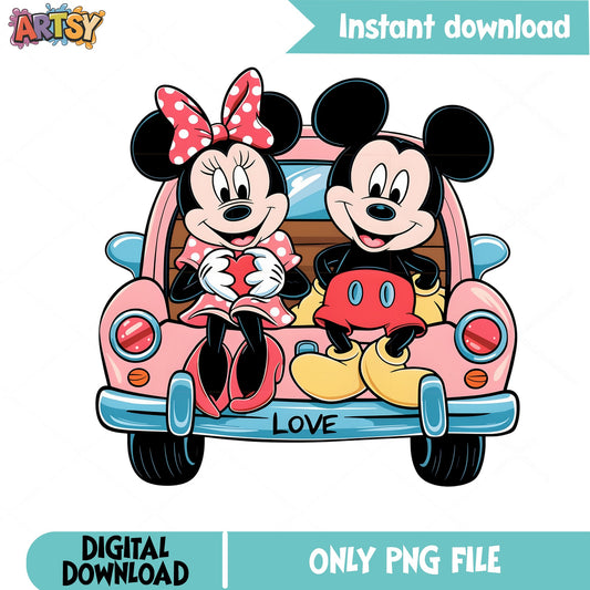 Mickey Minnie Valentine Love Car PNG, Disney Couple PNG, Valentine PNG