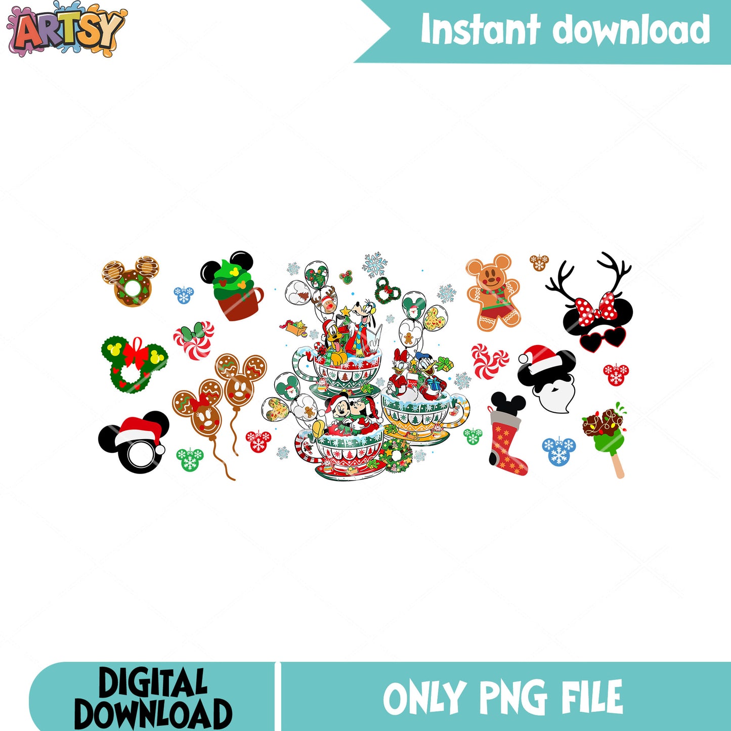 Mickey and friends xmas png, christmas coffee png, minnie mouse png