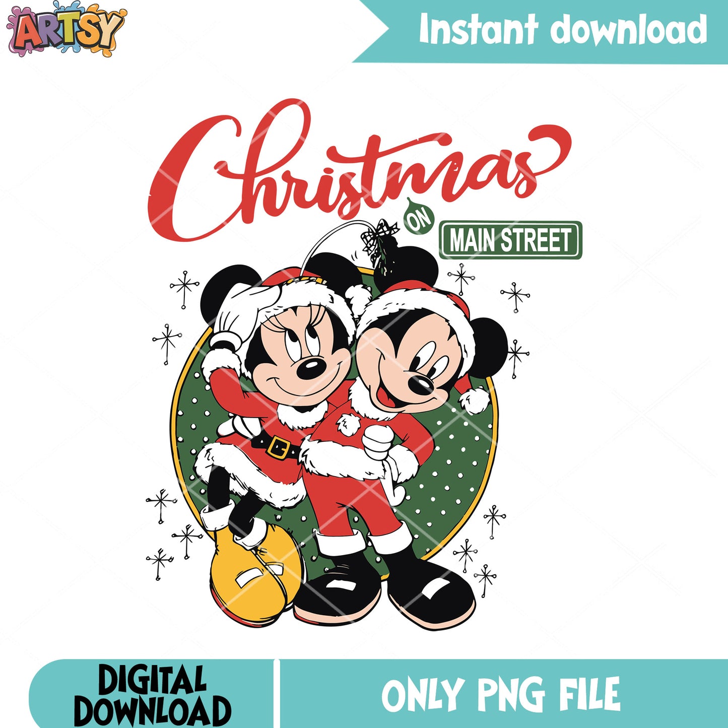 Mickey and minnie main street xmas png, santa costume png, christmas png