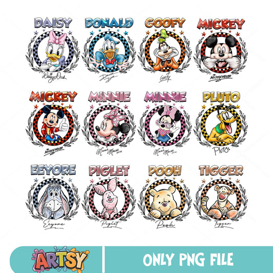 Mickey friends circle png bundle, winnie the pooh png, mickey pooh png