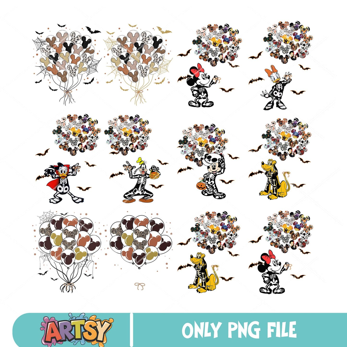 Mickey friends skeleton png bundle, disney halloween png, disney balloon png