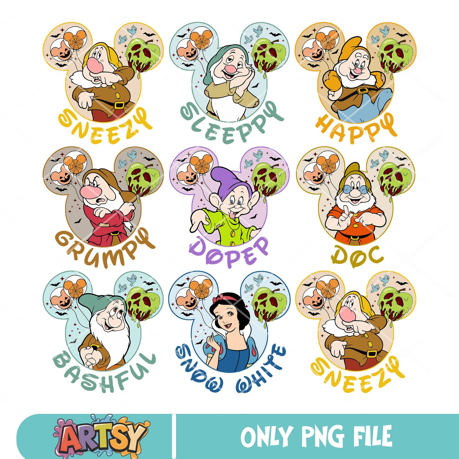 Mickey halloween friends png bundle, snow white png, poision apple png