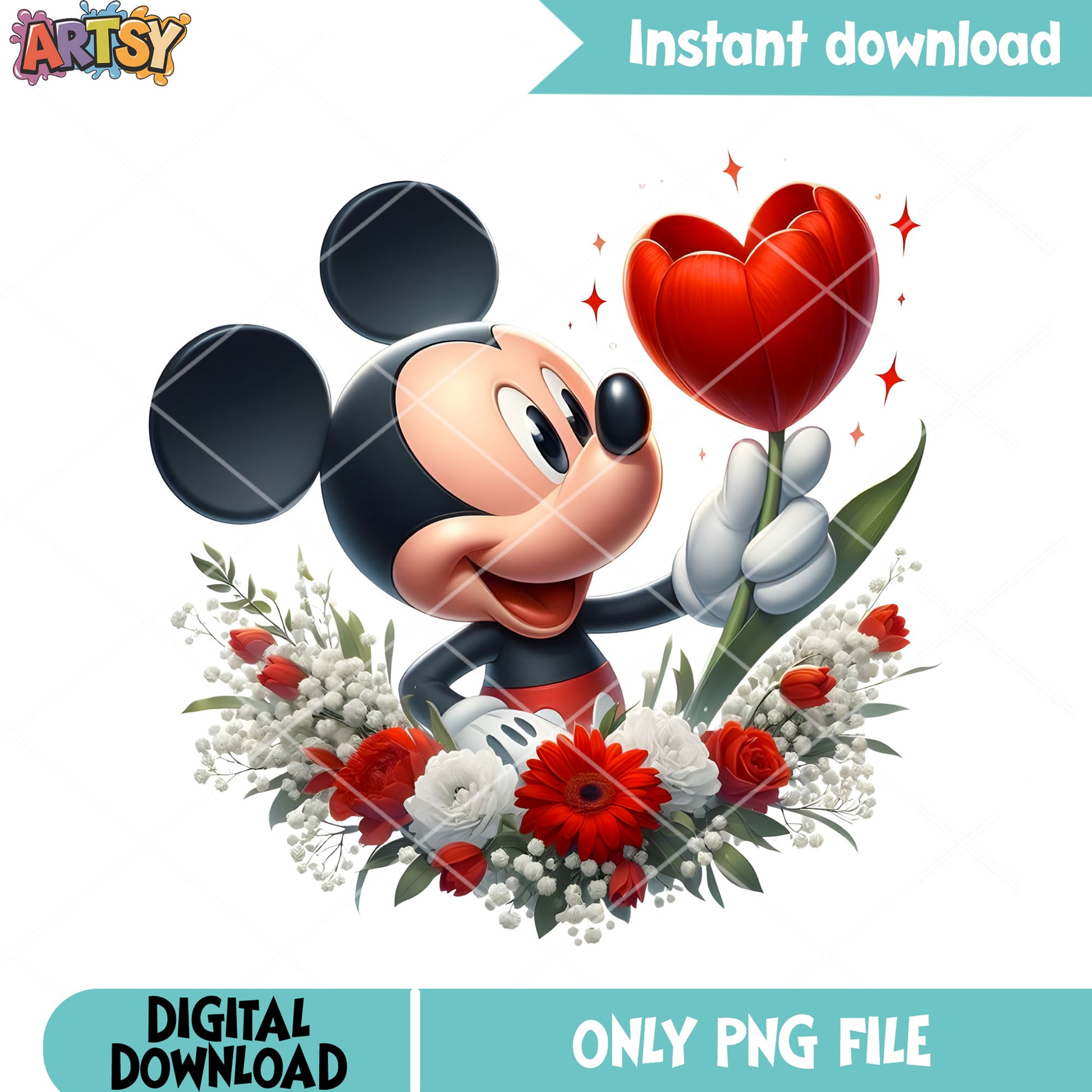 Mickey with tulip valentine flower png, valentine day png, mickey mouse png
