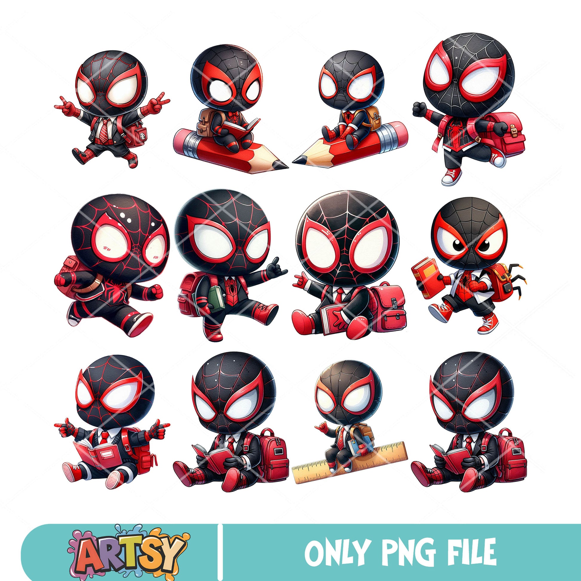 Miles school chibi png bundle, spider student cute png, marvel kid png