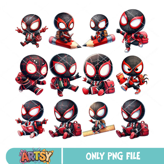 Miles school chibi png bundle, spider student cute png, marvel kid png