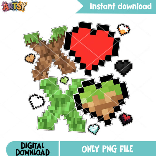 Minecraft style png,pixel art hearts png,gaming love theme png