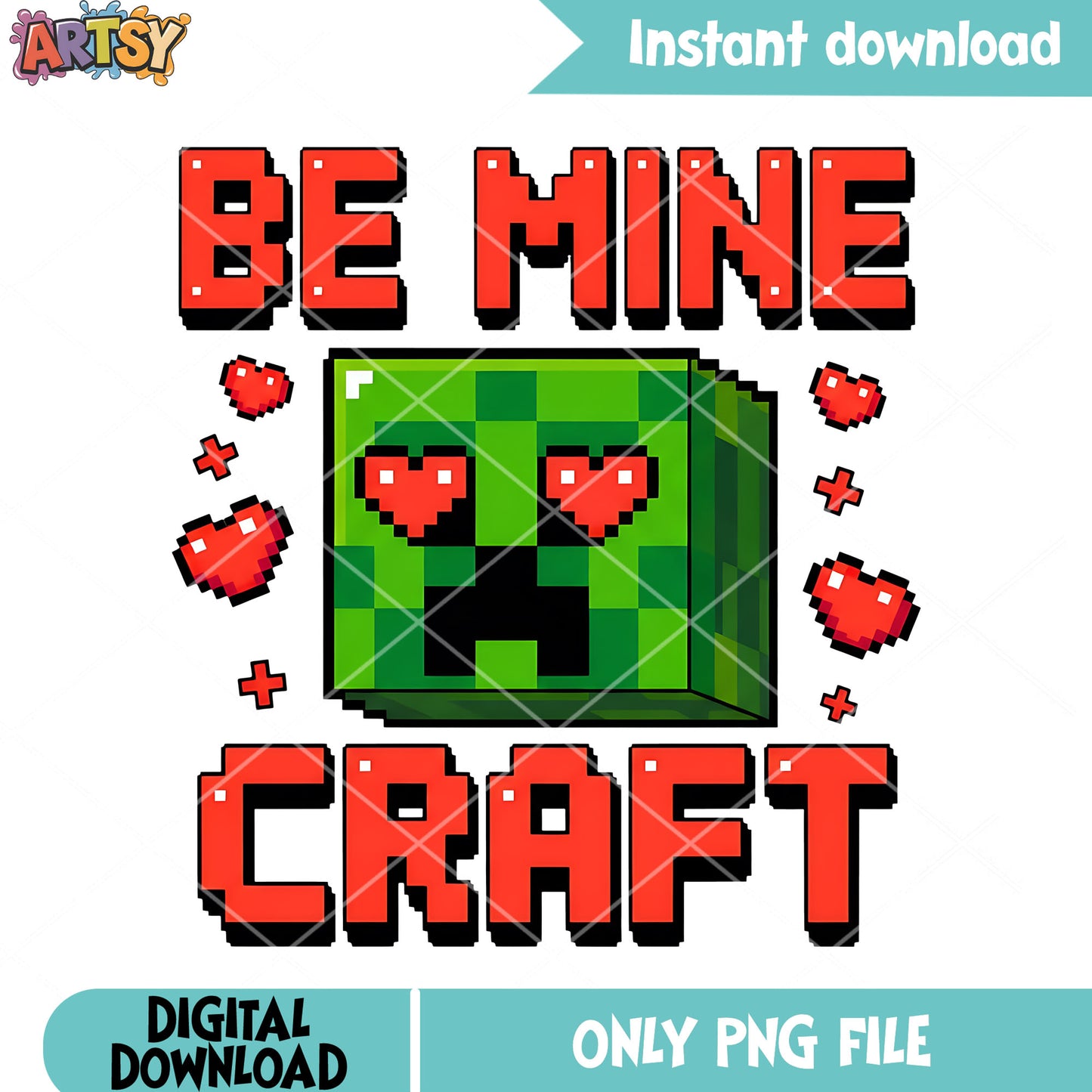 Minecraft valentine png, creeper love png, pixel hearts png