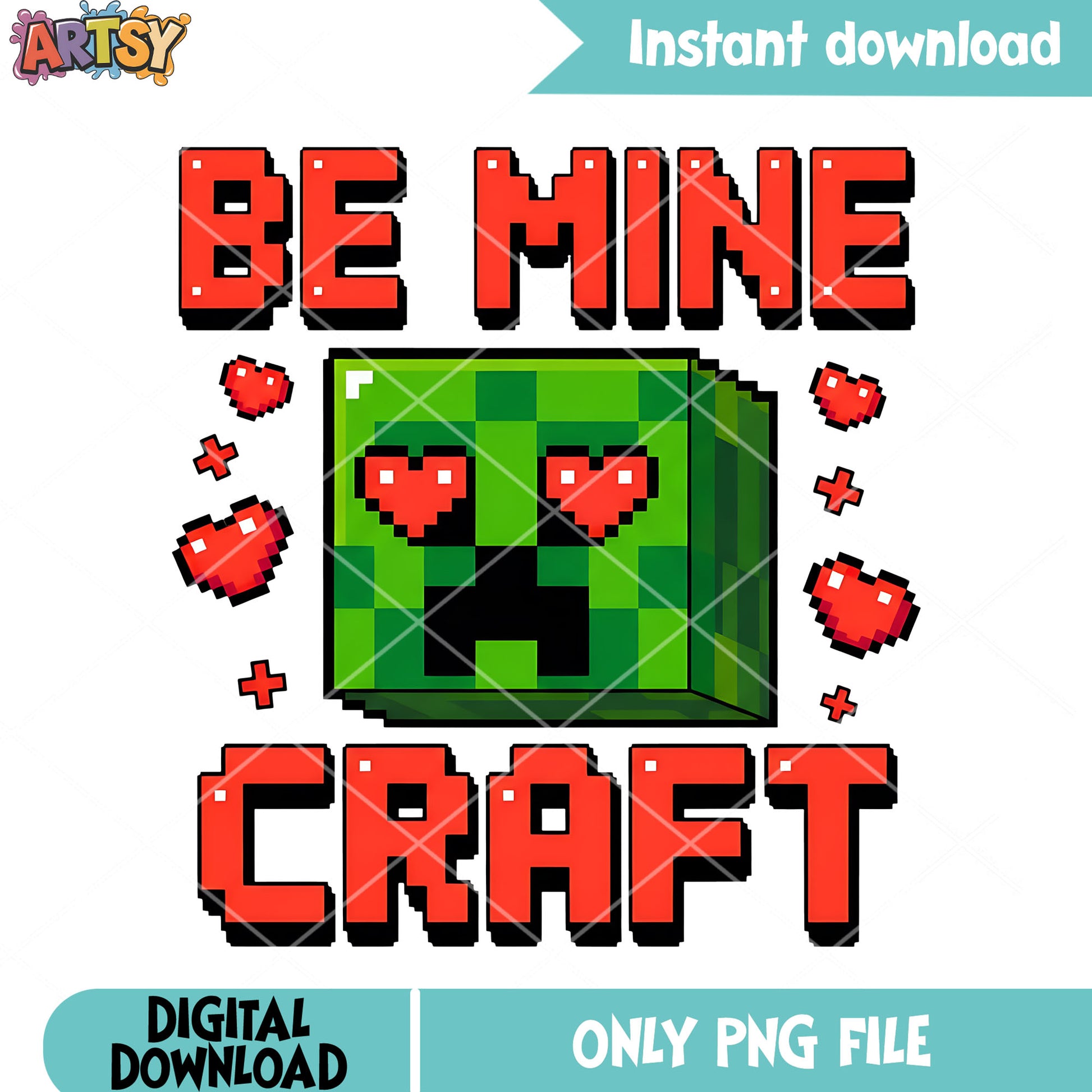 Minecraft valentine png, creeper love png, pixel hearts png