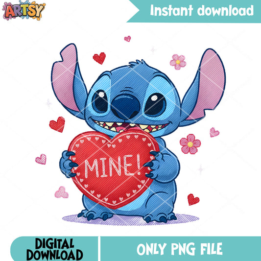 Mine heart my stitch png, lilo and stitch png, disney valentines png