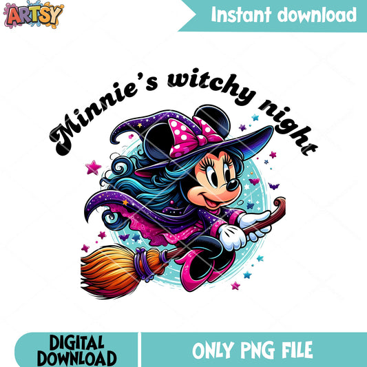 Minnie ride a broom png, witch costumes​ png, pink high heel png