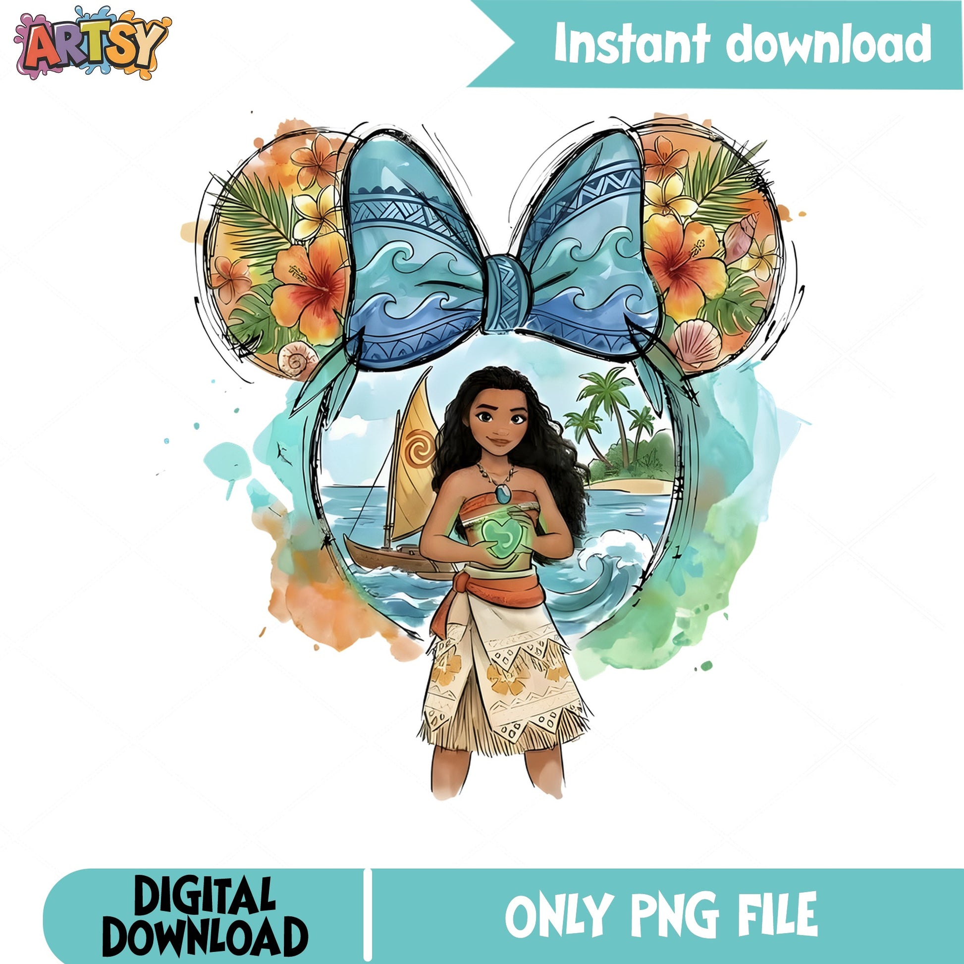 Moana Disney Princess Minnie Ears PNG, Disney PNG, Watercolor PNG