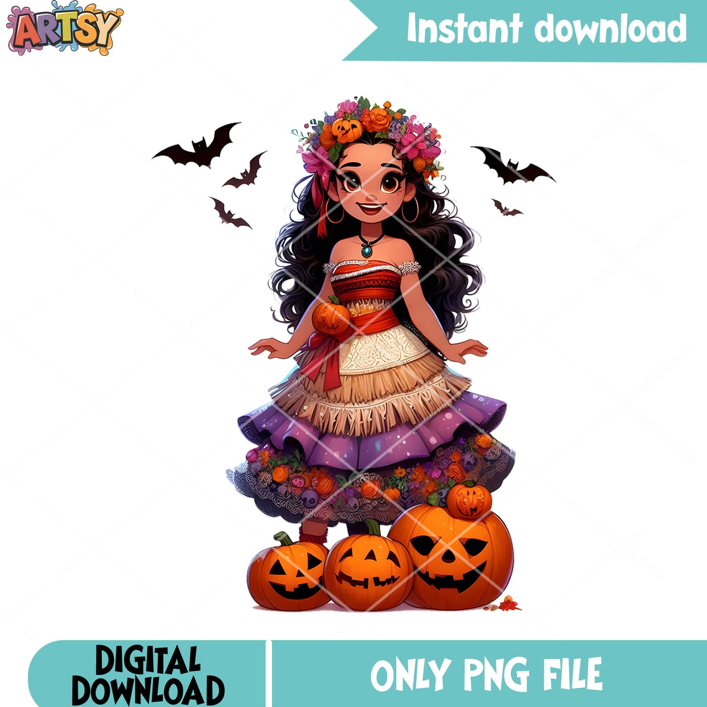 Moana halloween png, halloween disney png, pumpkin flowers png