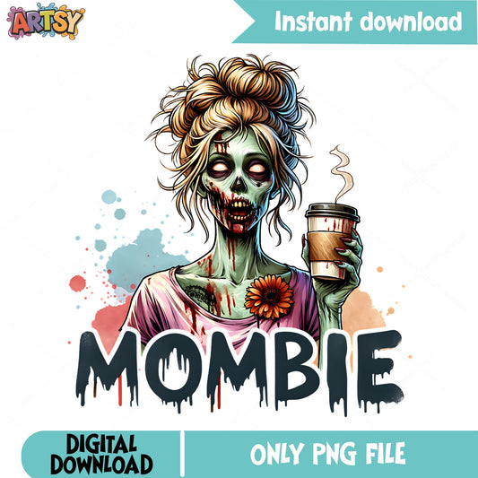 Mombie Zombie Mom Coffee PNG, Funny Mom Halloween PNG, Messy Bun PNG