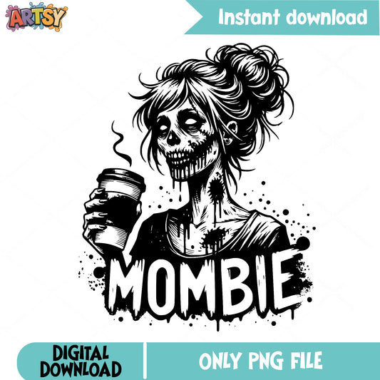 Mombie Zombie Mom PNG, Halloween Mom Coffee PNG, Funny Mom PNG