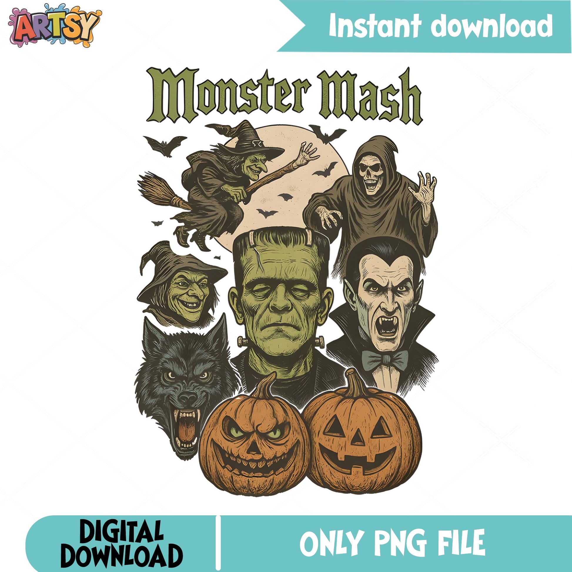 Monster Mash Halloween PNG, Retro Horror Characters, Halloween PNG