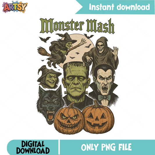 Monster Mash Halloween PNG, Retro Horror Characters, Halloween PNG