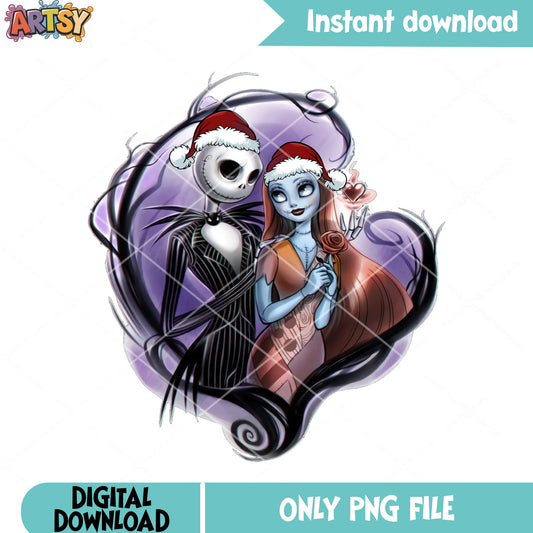Monster christmas couple png, jack skelington png, sally png