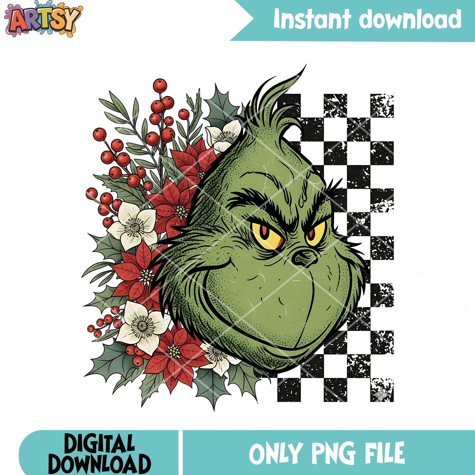 Monster christmas png, started line png, red flower png