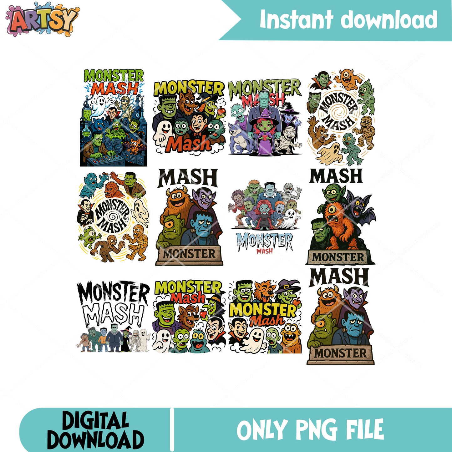 Monster mash cute png bundle, halloween monster png, monster mash png