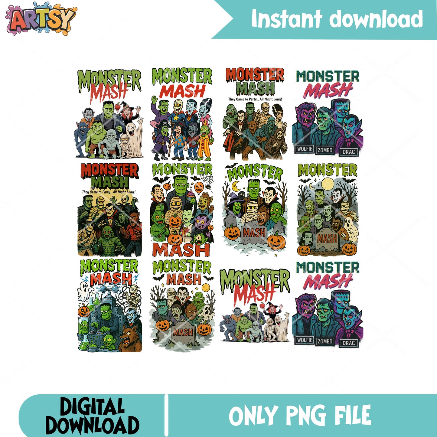 Monster mash horror png bundle, halloween monster png, monster mash png