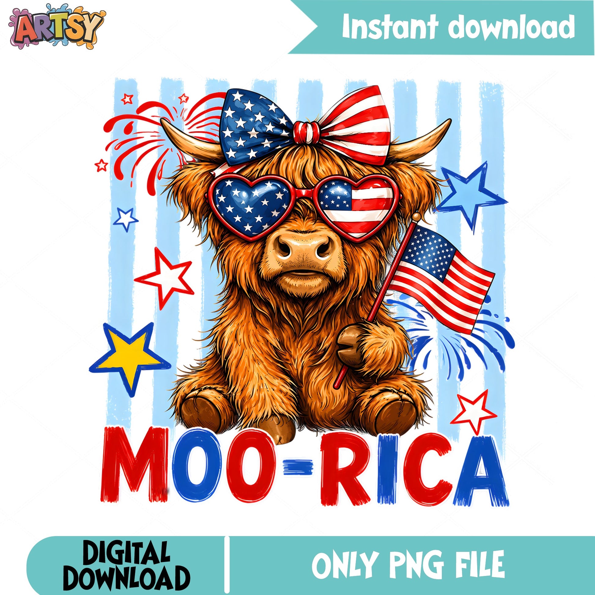 Moo-Rica Highland Cow PNG, 4th Of July PNG, Patriotic Cow PNG