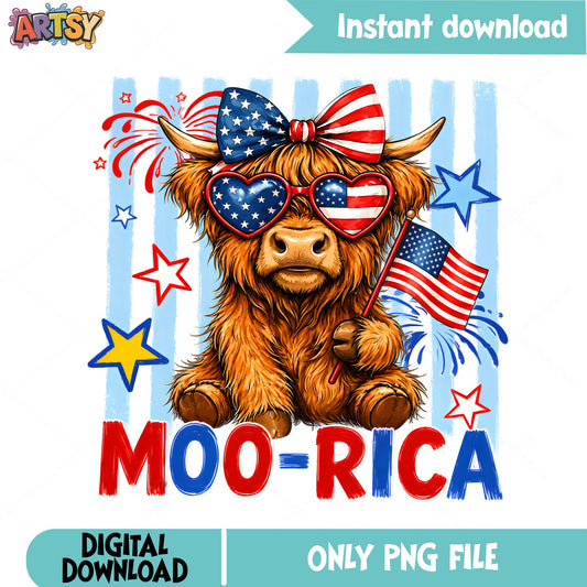 Moo-Rica Highland Cow PNG, 4th Of July PNG, Patriotic Cow PNG